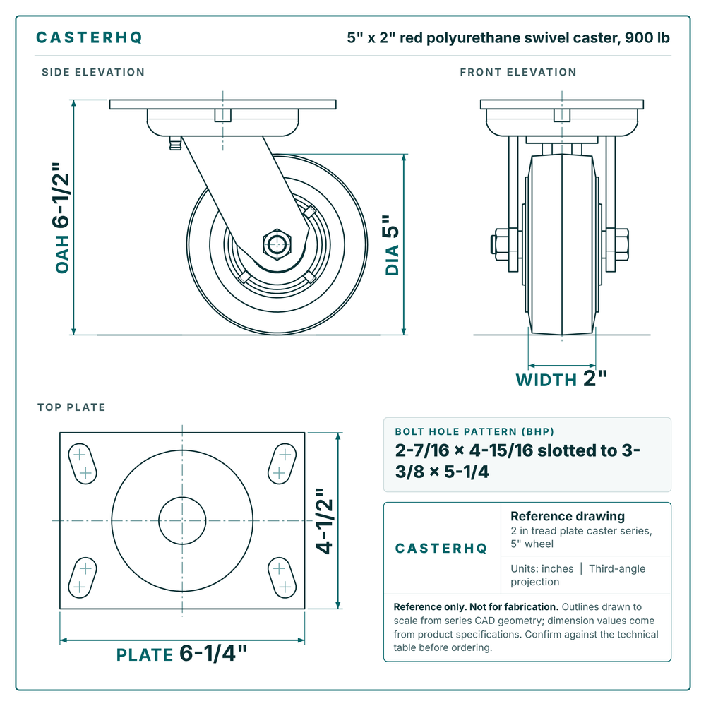 5 x 2 in red polyurethane swivel caster reference drawing, side, front and top plate views with dimensions