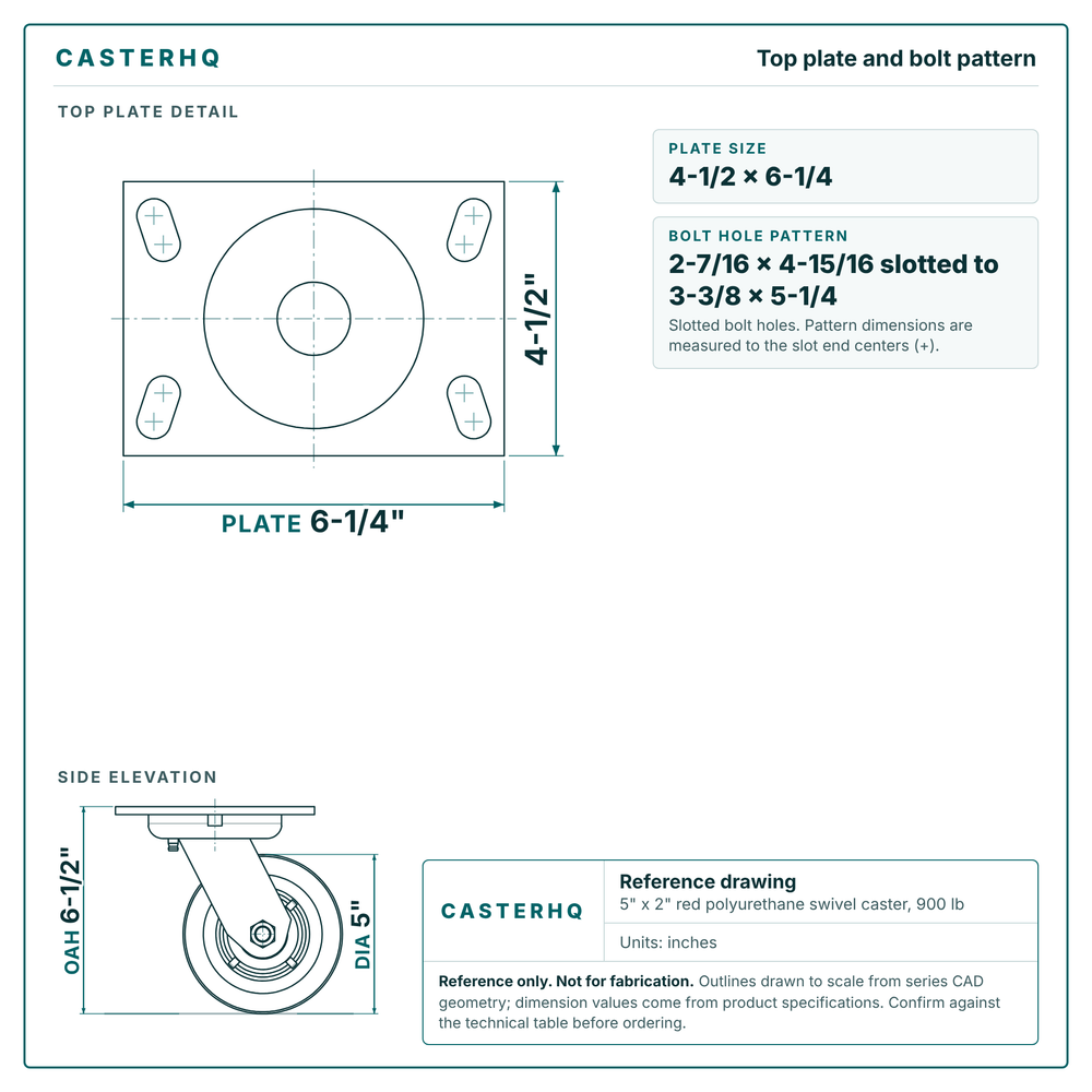 Top plate bolt pattern drawing, 4-1/2 x 6-1/4 plate, slotted bolt holes