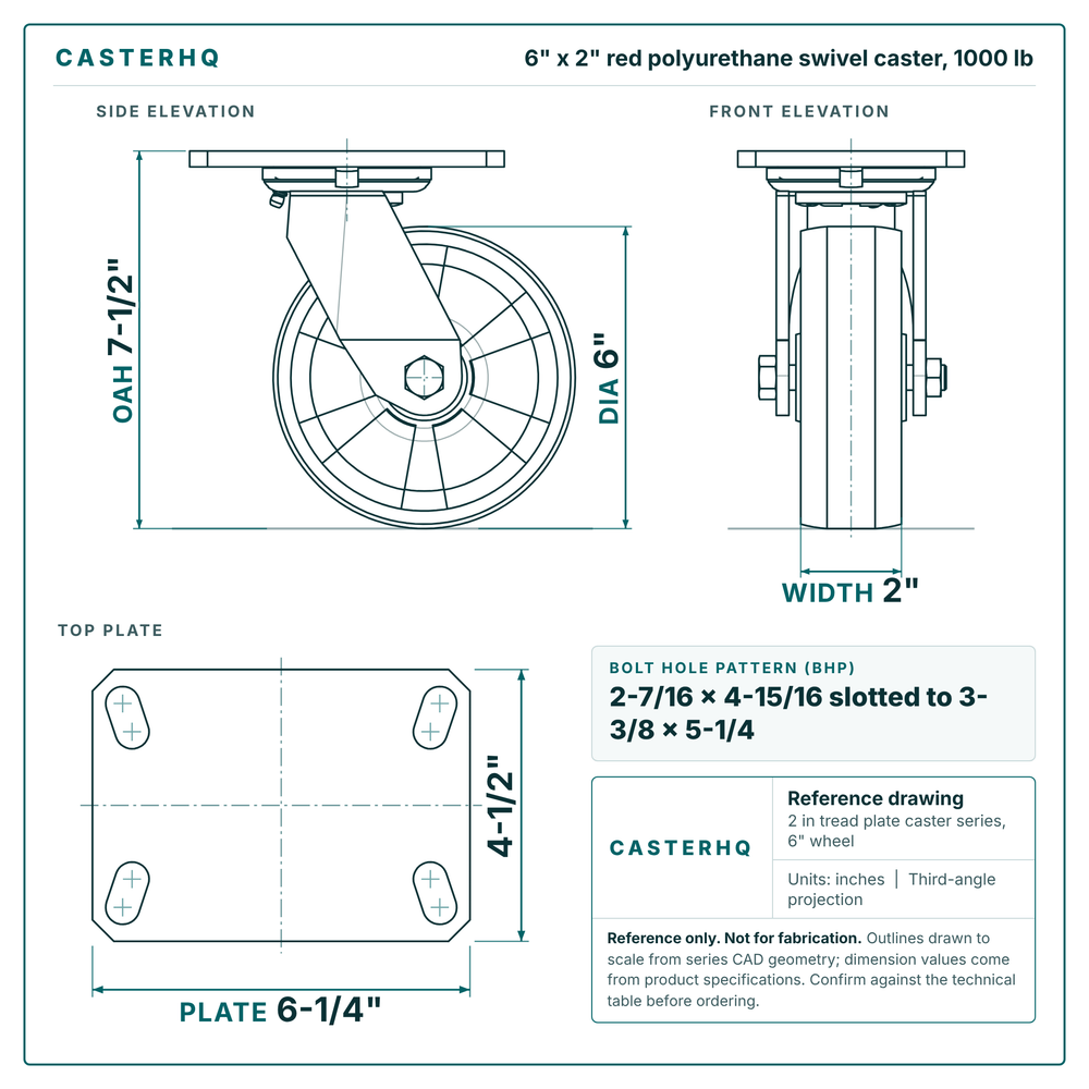 6 x 2 in red polyurethane swivel caster reference drawing, side, front and top plate views with dimensions