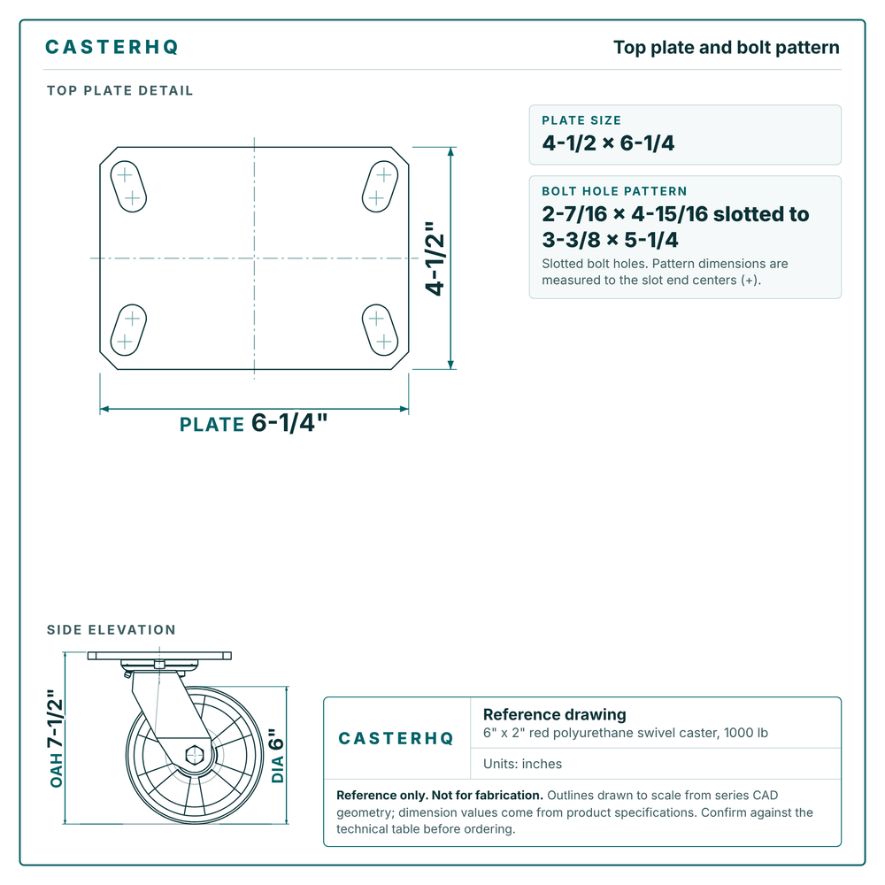 Top plate bolt pattern drawing, 4-1/2 x 6-1/4 plate, slotted bolt holes