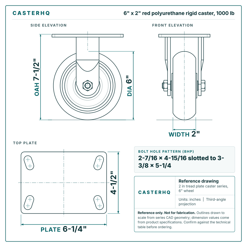 6 x 2 in red polyurethane rigid caster reference drawing, side, front and top plate views with dimensions