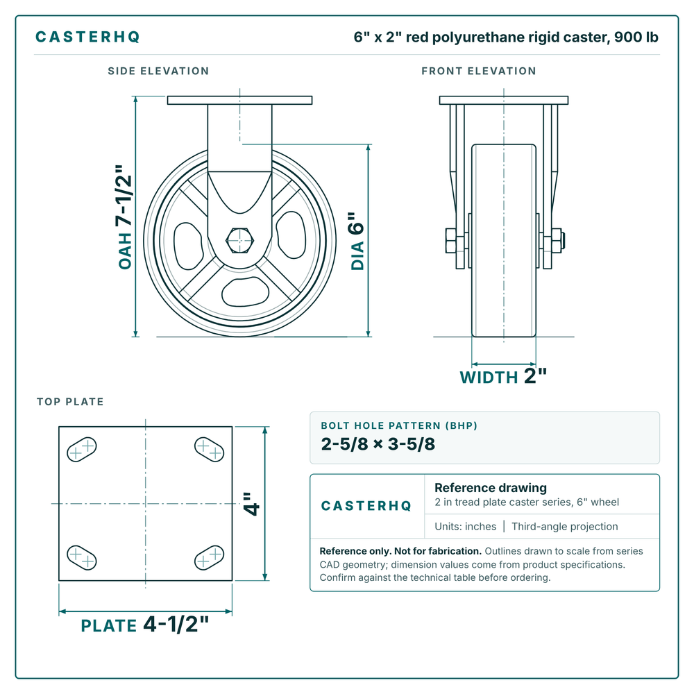6 x 2 in red polyurethane rigid caster reference drawing, side, front and top plate views with dimensions