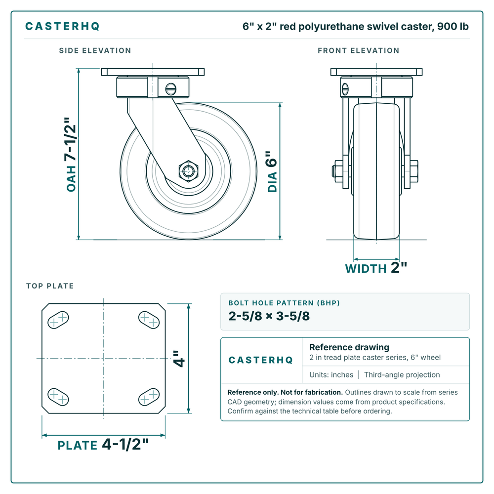 6 x 2 in red polyurethane swivel caster reference drawing, side, front and top plate views with dimensions