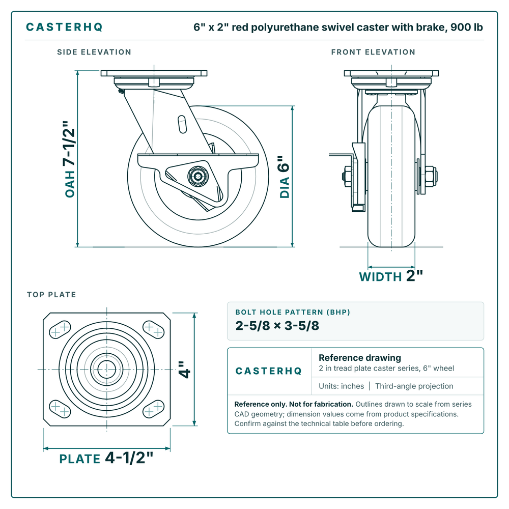 6 x 2 in red polyurethane swivel caster with brake reference drawing, side, front and top plate views with dimensions