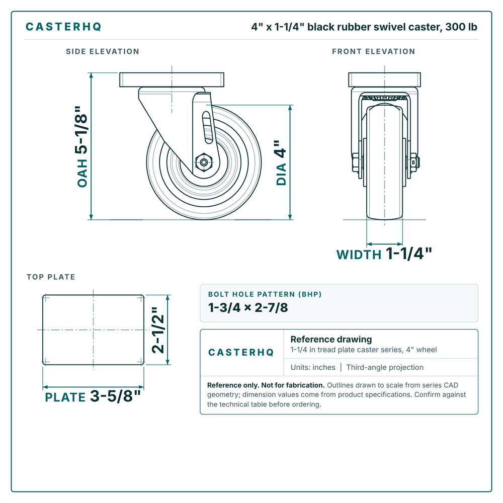 4 x 1-1/4 in black rubber swivel caster reference drawing, side, front and top plate views with dimensions