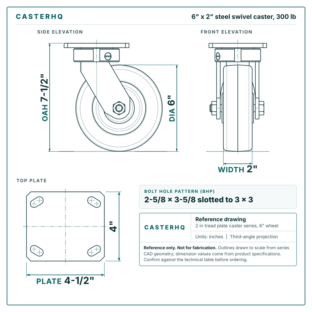 6 x 2 in steel swivel caster reference drawing, side, front and top plate views with dimensions