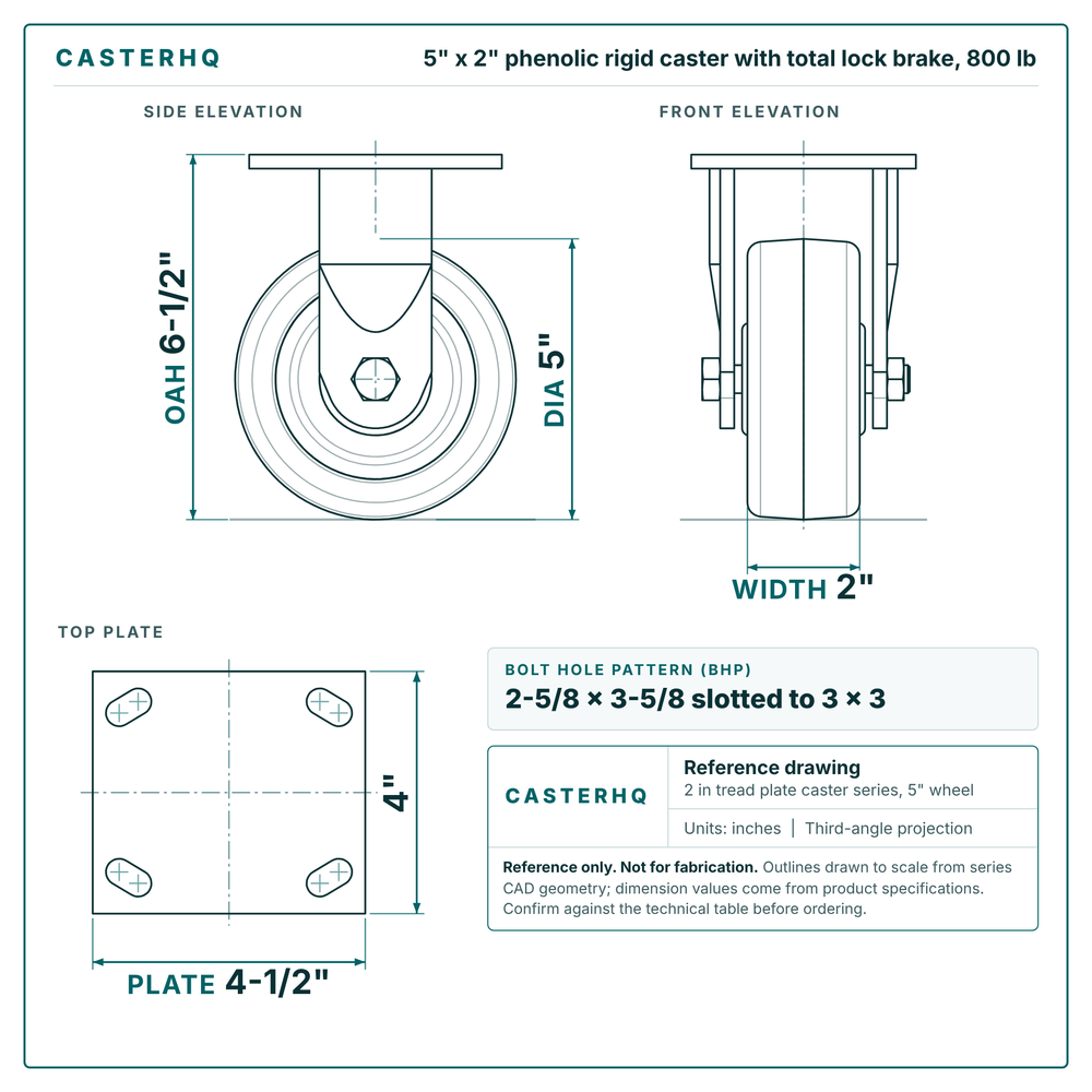 5 x 2 in phenolic rigid caster with total lock brake reference drawing, side, front and top plate views with dimensions
