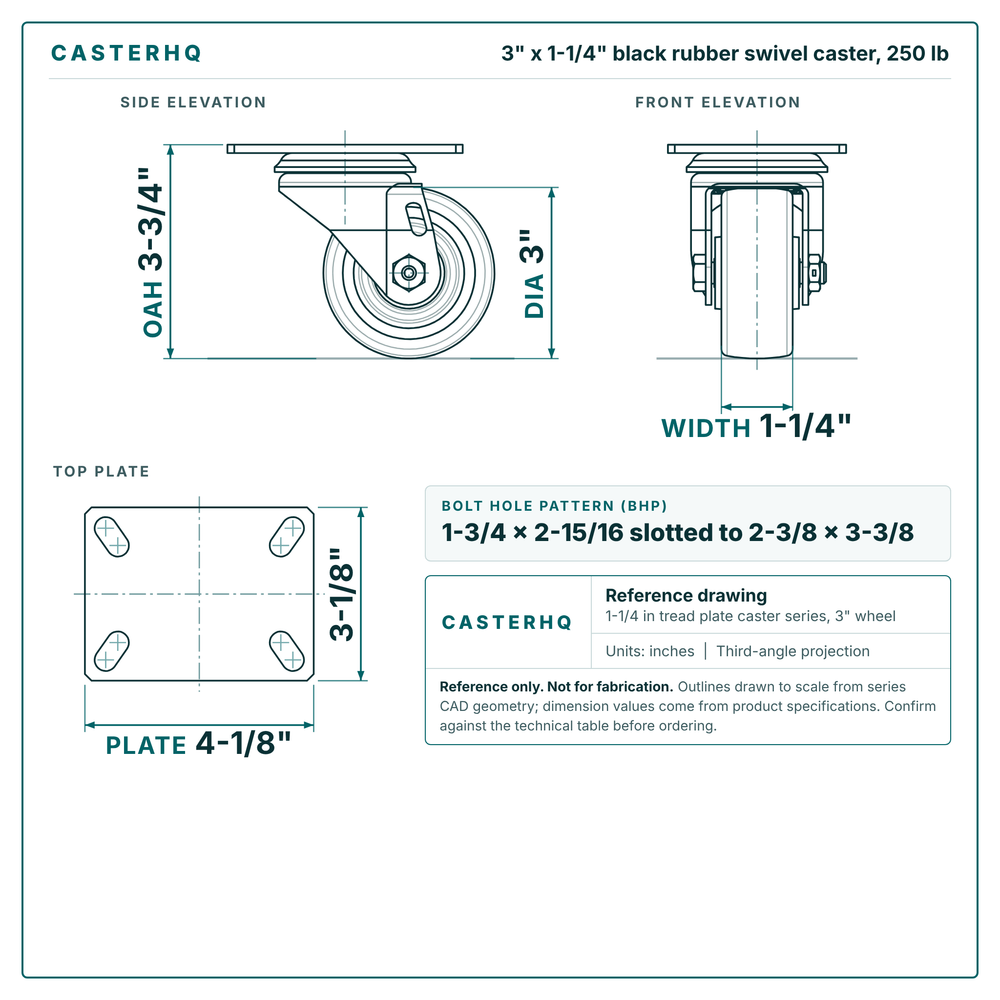 3 x 1-1/4 in black rubber swivel caster reference drawing, side, front and top plate views with dimensions