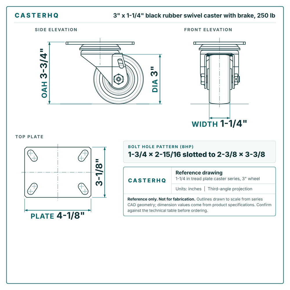3 x 1-1/4 in black rubber swivel caster with brake reference drawing, side, front and top plate views with dimensions