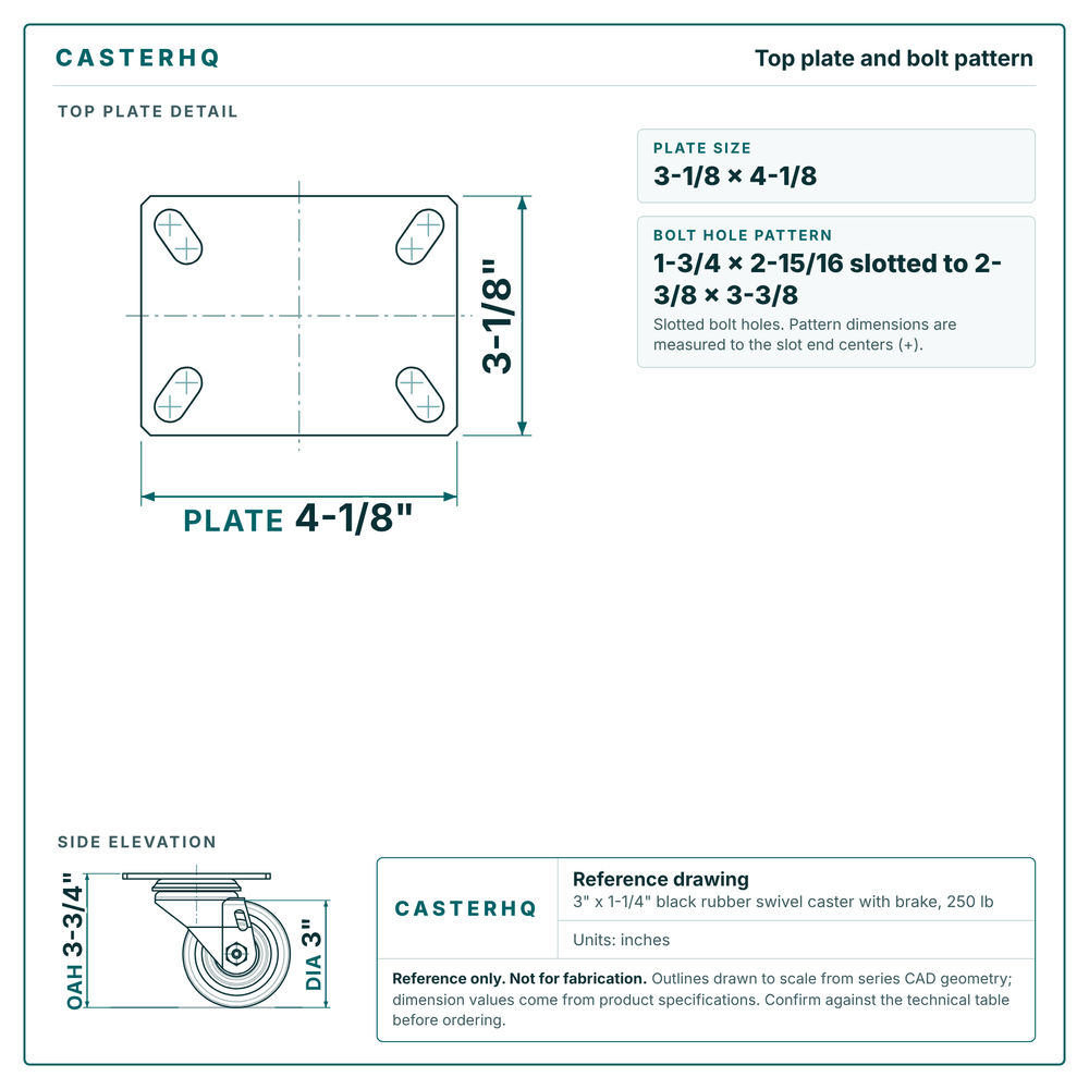 Top plate bolt pattern drawing, 3-1/8 x 4-1/8 plate, slotted bolt holes