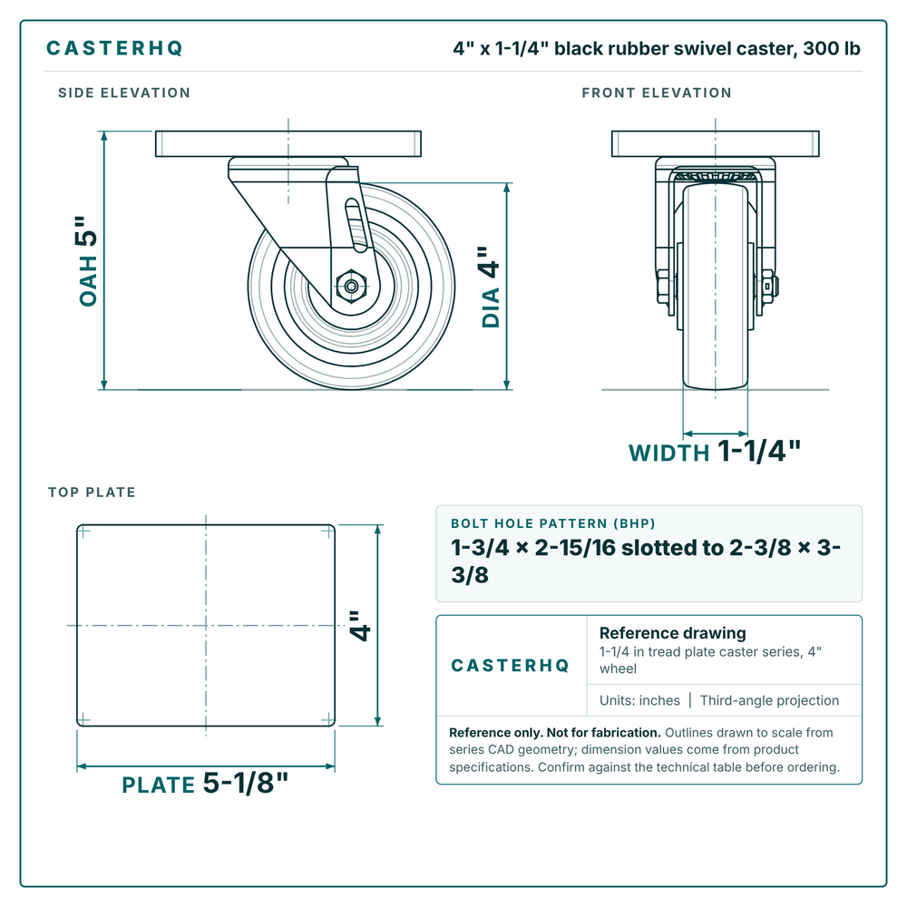 4 x 1-1/4 in black rubber swivel caster reference drawing, side, front and top plate views with dimensions