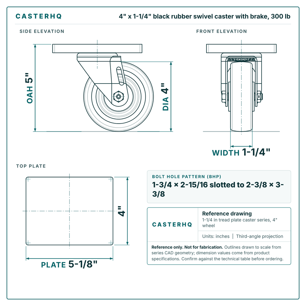 4 x 1-1/4 in black rubber swivel caster with brake reference drawing, side, front and top plate views with dimensions