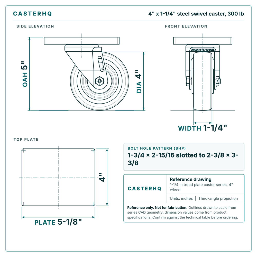 4 x 1-1/4 in steel swivel caster reference drawing, side, front and top plate views with dimensions
