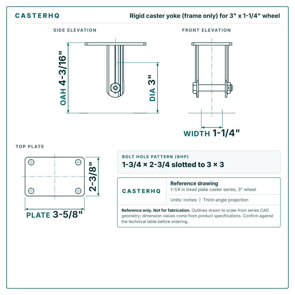 3 x 1-1/4 in  rigid caster reference drawing, side, front and top plate views with dimensions