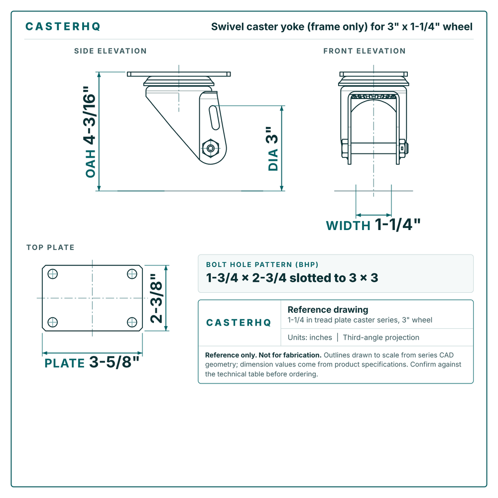 3 x 1-1/4 in  swivel caster reference drawing, side, front and top plate views with dimensions