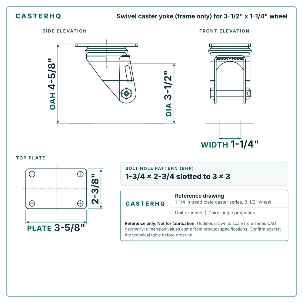 3-1/2 x 1-1/4 in  swivel caster reference drawing, side, front and top plate views with dimensions