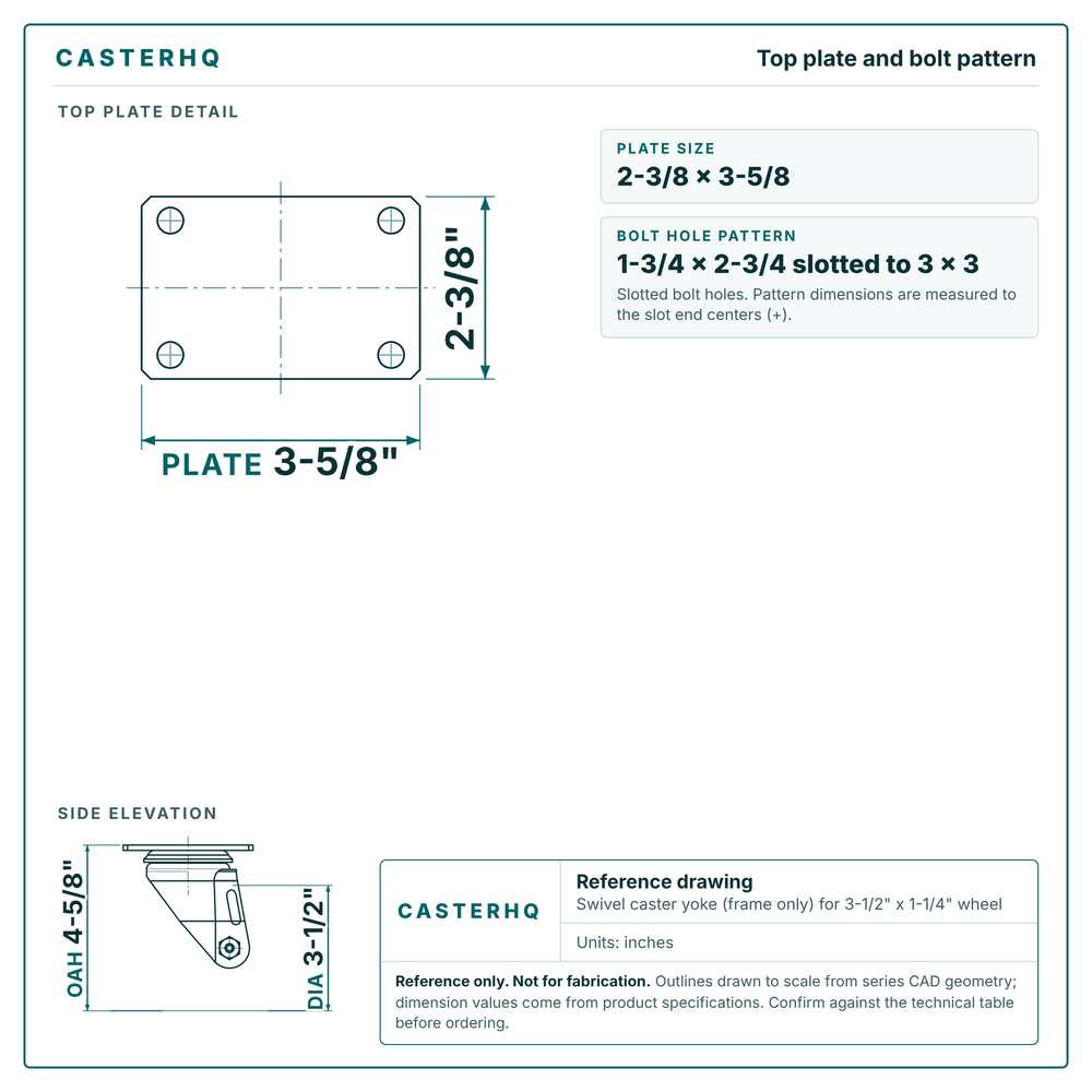 Top plate bolt pattern drawing, 2-3/8 x 3-5/8 plate, slotted bolt holes