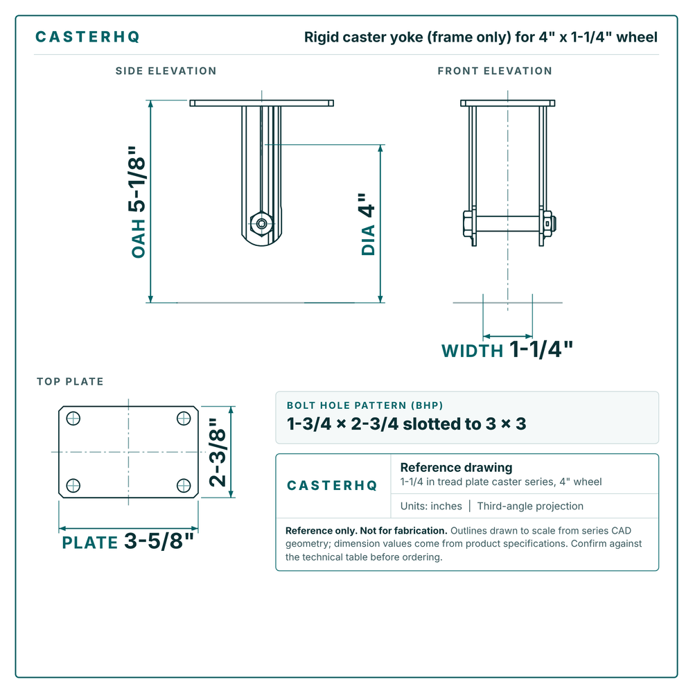 4 x 1-1/4 in  rigid caster reference drawing, side, front and top plate views with dimensions