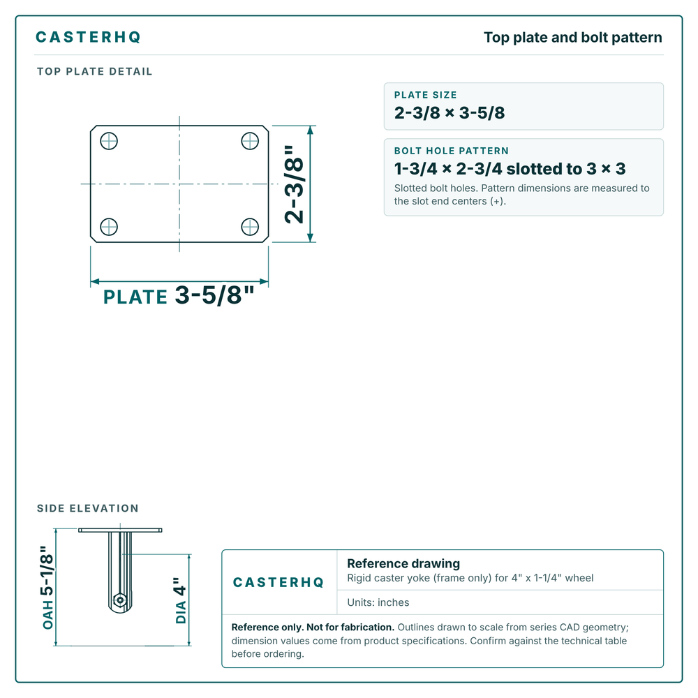Top plate bolt pattern drawing, 2-3/8 x 3-5/8 plate, slotted bolt holes