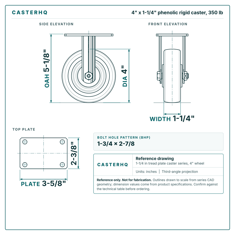 4 x 1-1/4 in phenolic rigid caster reference drawing, side, front and top plate views with dimensions