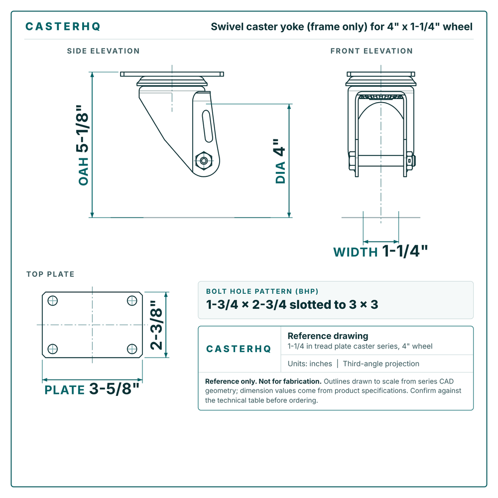 4 x 1-1/4 in  swivel caster reference drawing, side, front and top plate views with dimensions
