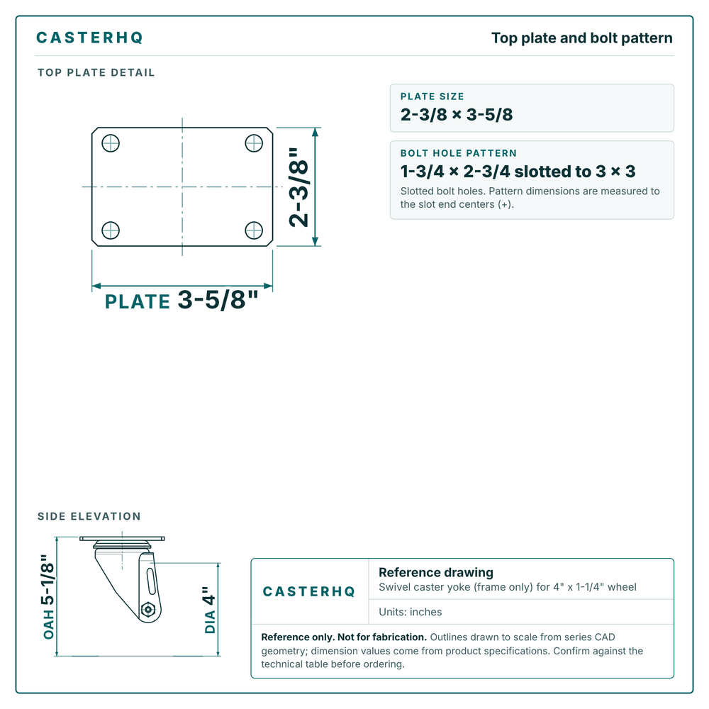 Top plate bolt pattern drawing, 2-3/8 x 3-5/8 plate, slotted bolt holes