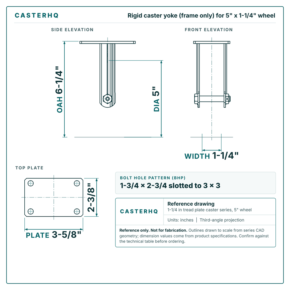 5 x 1-1/4 in  rigid caster reference drawing, side, front and top plate views with dimensions