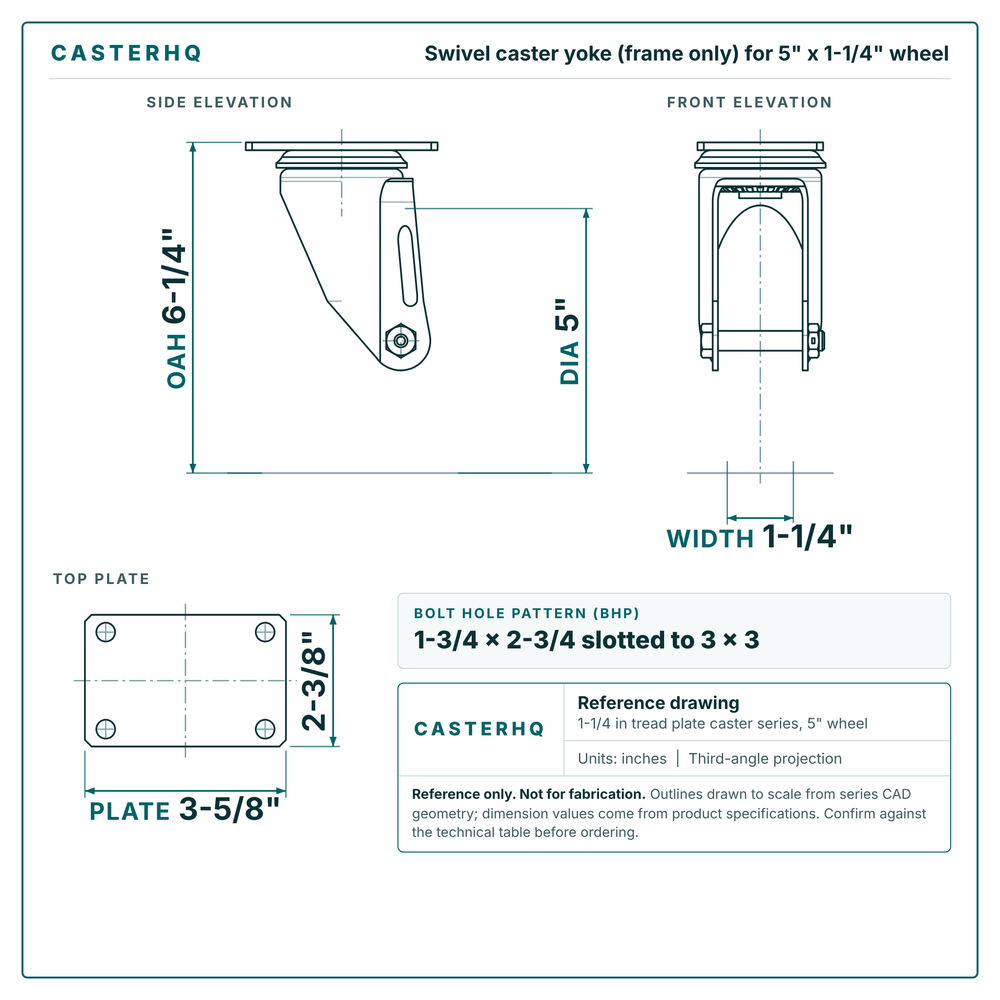 5 x 1-1/4 in  swivel caster reference drawing, side, front and top plate views with dimensions