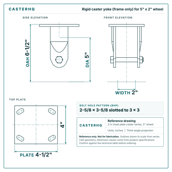 5 x 2 in  rigid caster reference drawing, side, front and top plate views with dimensions