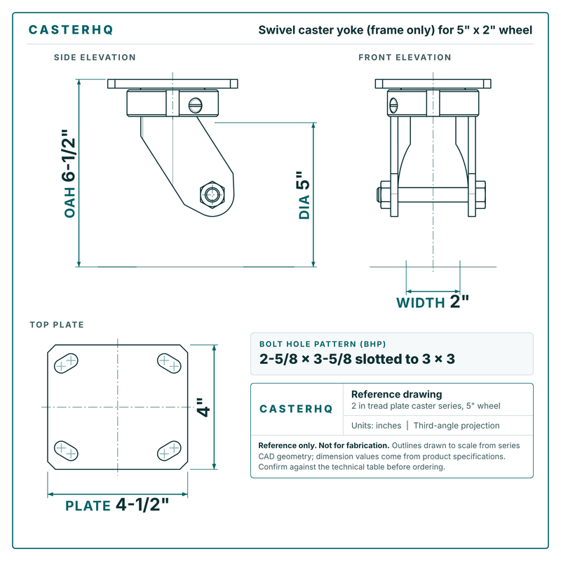 5 x 2 in  swivel caster reference drawing, side, front and top plate views with dimensions