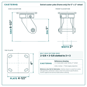 5" x 2" Swivel Caster Yoke 4" x 4-1/2" Top Plate Zinc – 1,250 lb