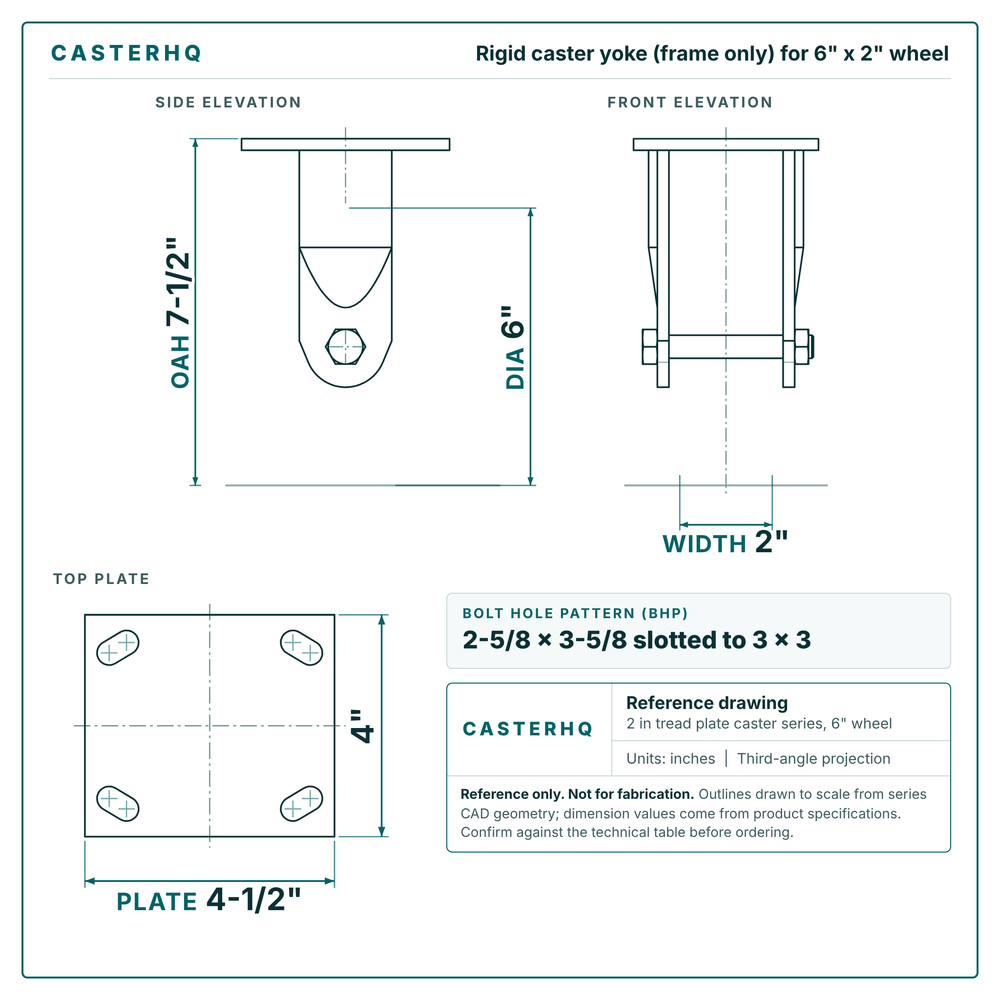 6 x 2 in  rigid caster reference drawing, side, front and top plate views with dimensions