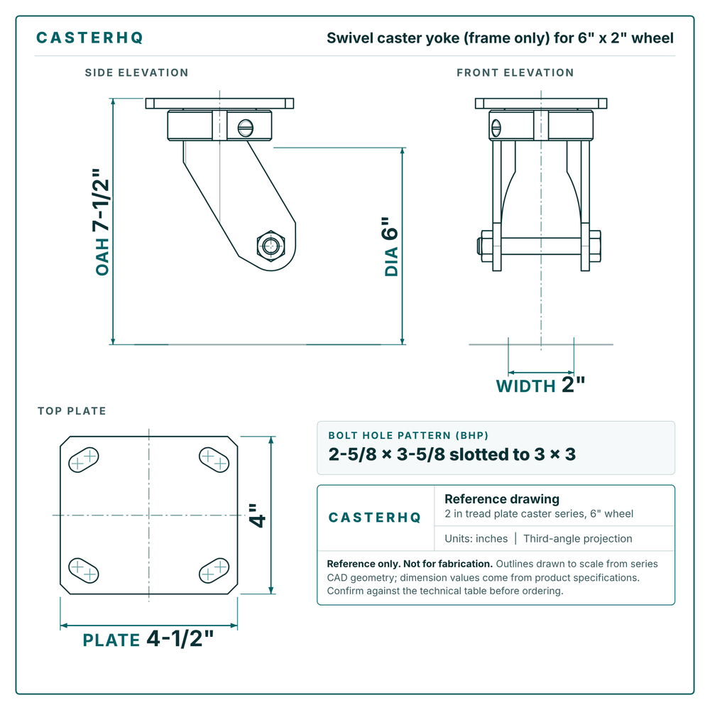 6 x 2 in  swivel caster reference drawing, side, front and top plate views with dimensions