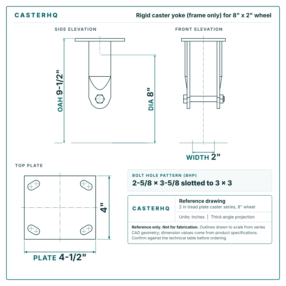 8 x 2 in  rigid caster reference drawing, side, front and top plate views with dimensions