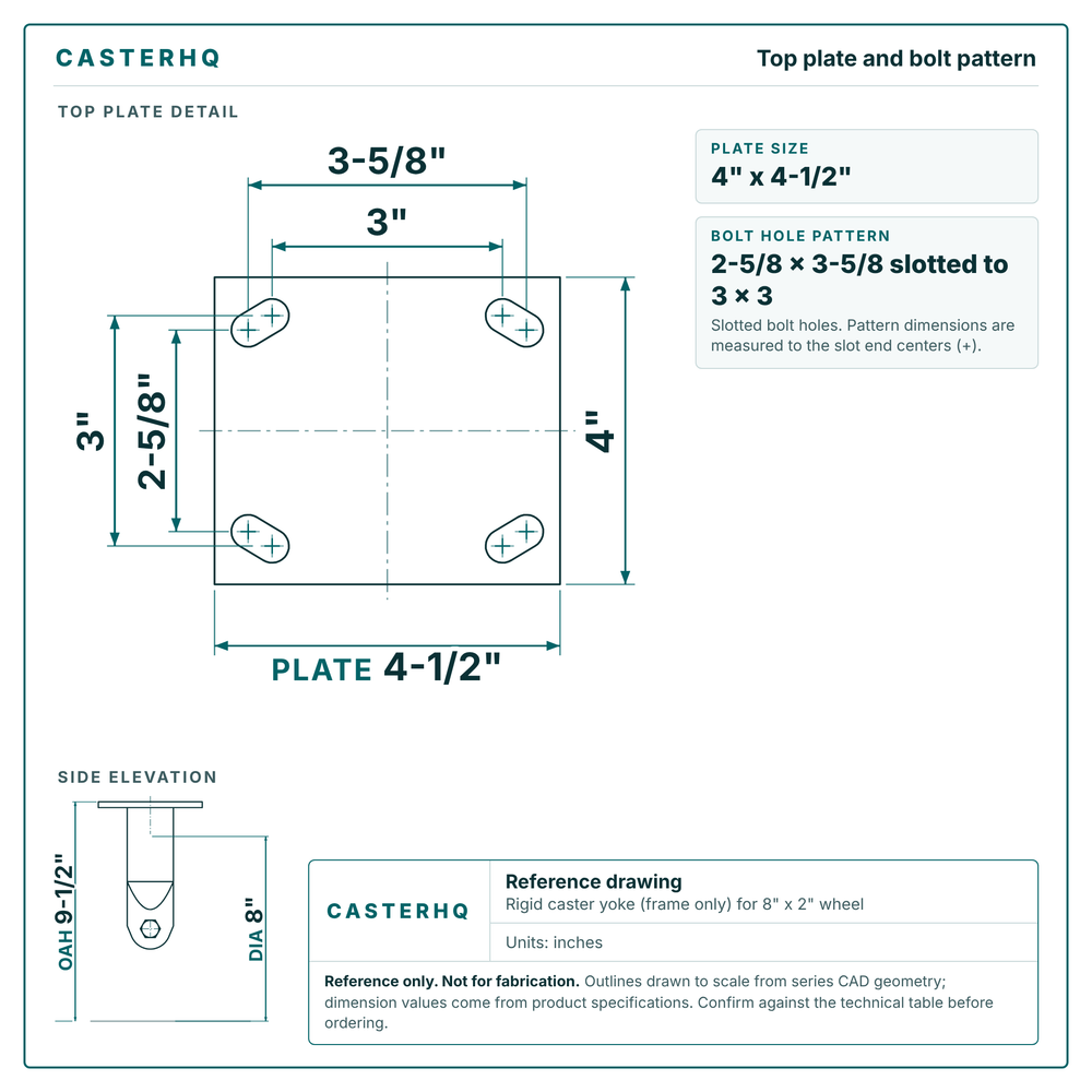 Top plate bolt pattern drawing, 4 x 4-1/2 plate, slotted bolt holes