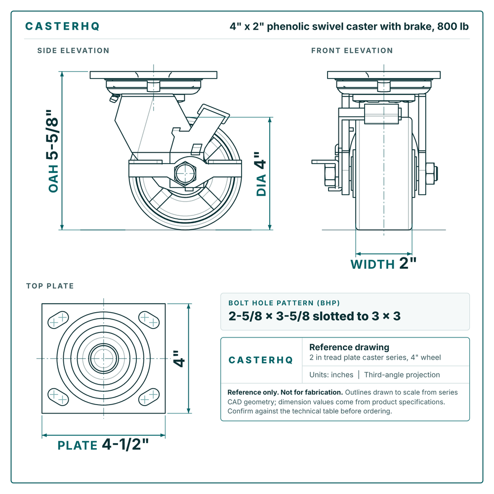 4 x 2 in phenolic swivel caster with brake reference drawing, side, front and top plate views with dimensions