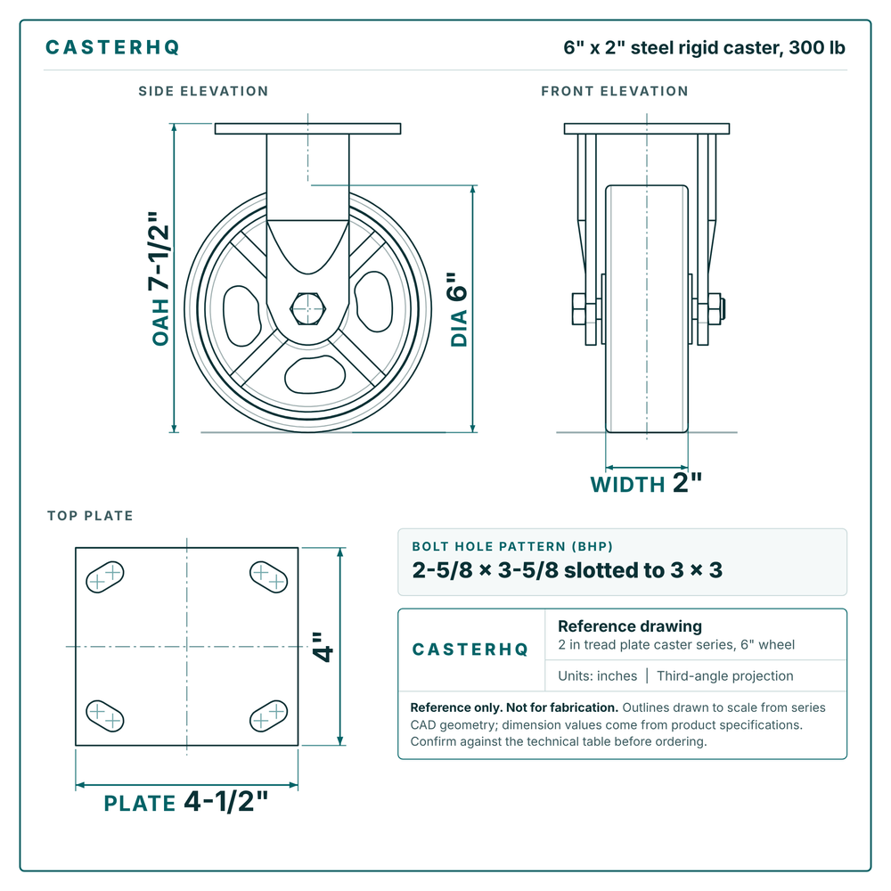 6 x 2 in steel rigid caster reference drawing, side, front and top plate views with dimensions