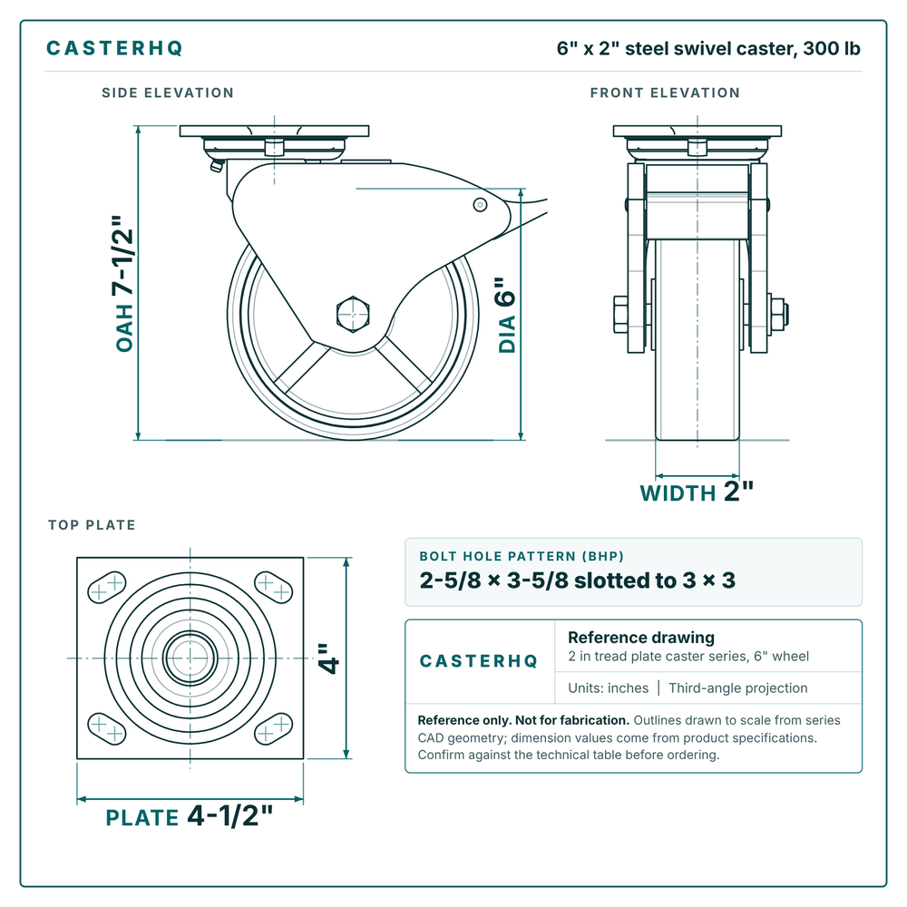 6 x 2 in steel swivel caster reference drawing, side, front and top plate views with dimensions