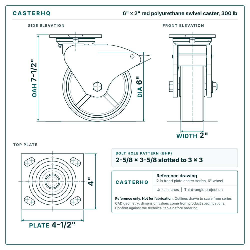 6 x 2 in red polyurethane swivel caster reference drawing, side, front and top plate views with dimensions