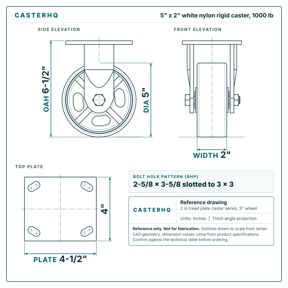 5 x 2 in white nylon rigid caster reference drawing, side, front and top plate views with dimensions