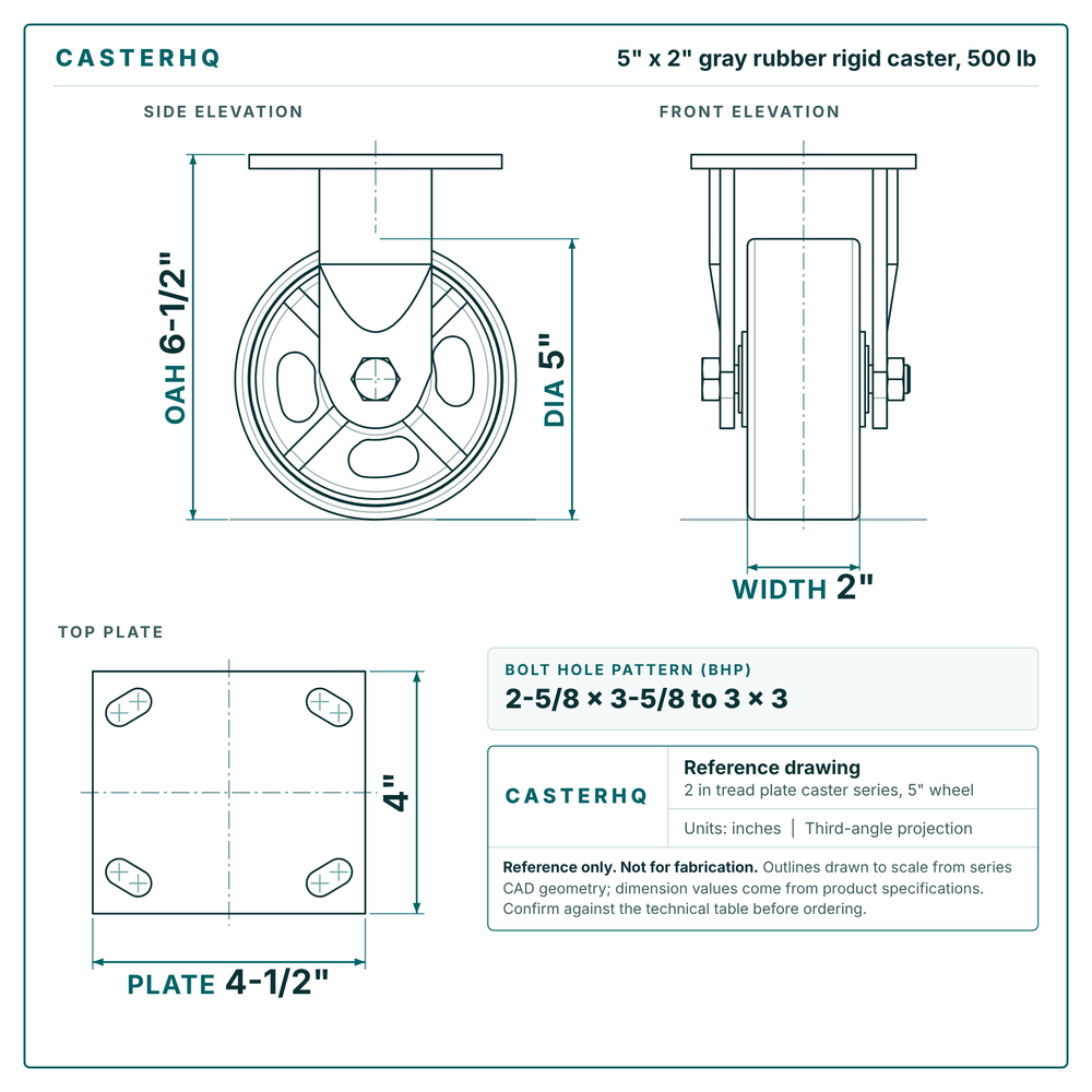 5 x 2 in gray rubber rigid caster reference drawing, side, front and top plate views with dimensions