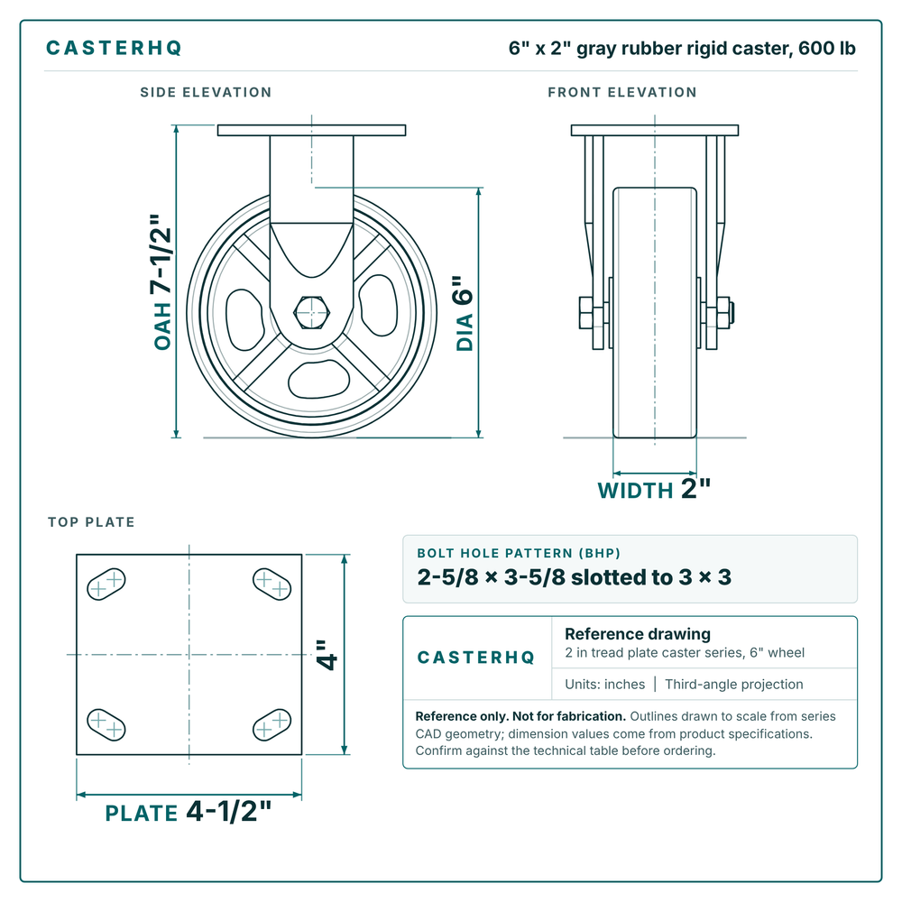 6 x 2 in gray rubber rigid caster reference drawing, side, front and top plate views with dimensions