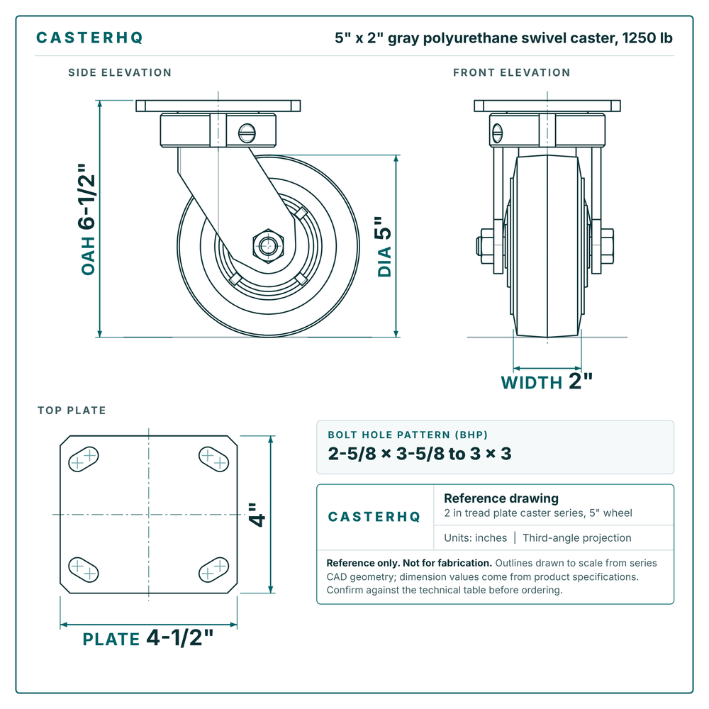 5 x 2 in gray polyurethane swivel caster reference drawing, side, front and top plate views with dimensions