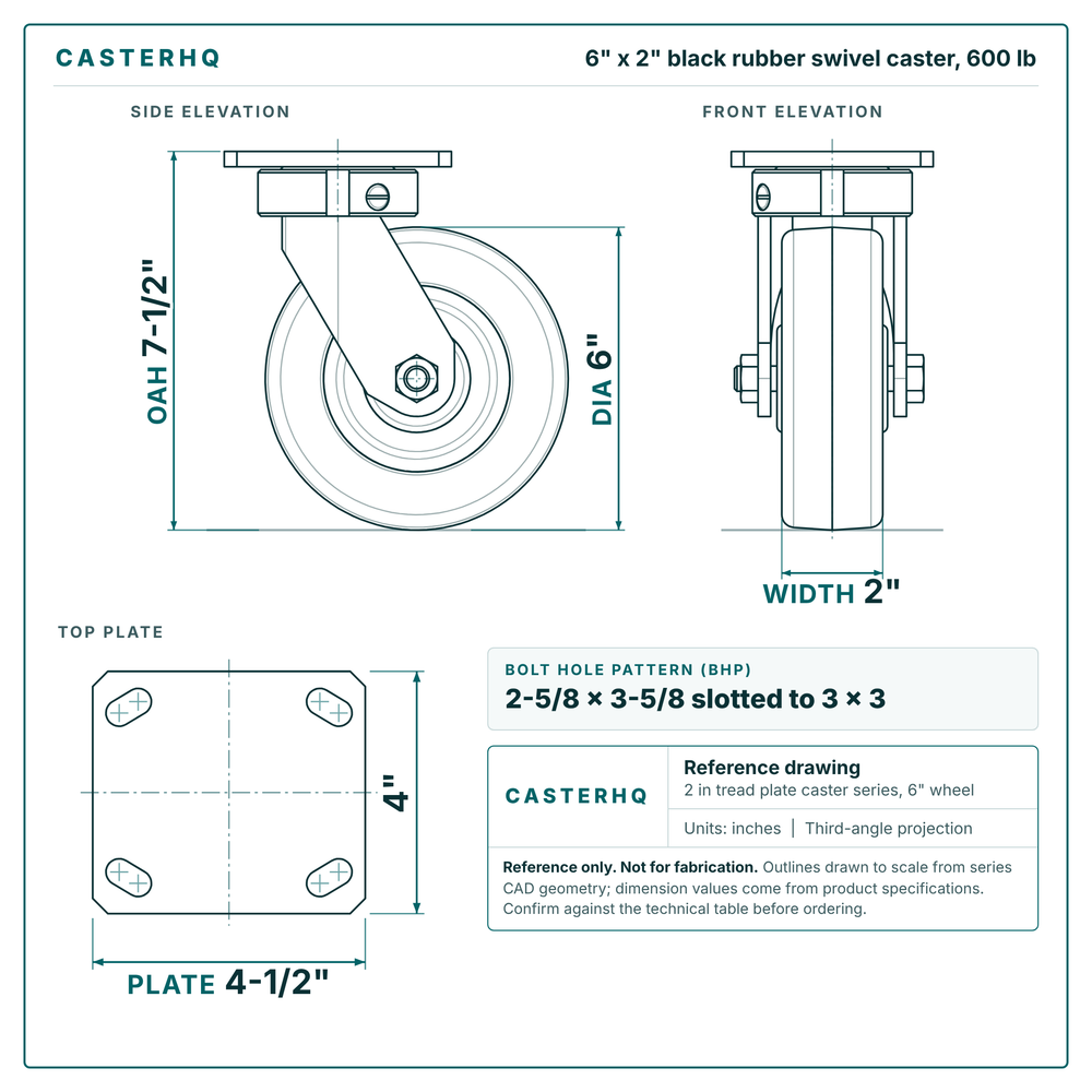 6 x 2 in black rubber swivel caster reference drawing, side, front and top plate views with dimensions