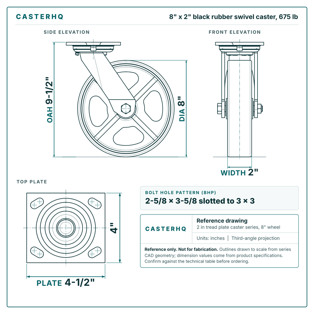 8 x 2 in black rubber swivel caster reference drawing, side, front and top plate views with dimensions