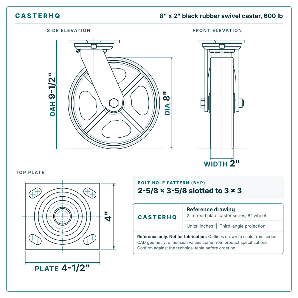 8 x 2 in black rubber swivel caster reference drawing, side, front and top plate views with dimensions