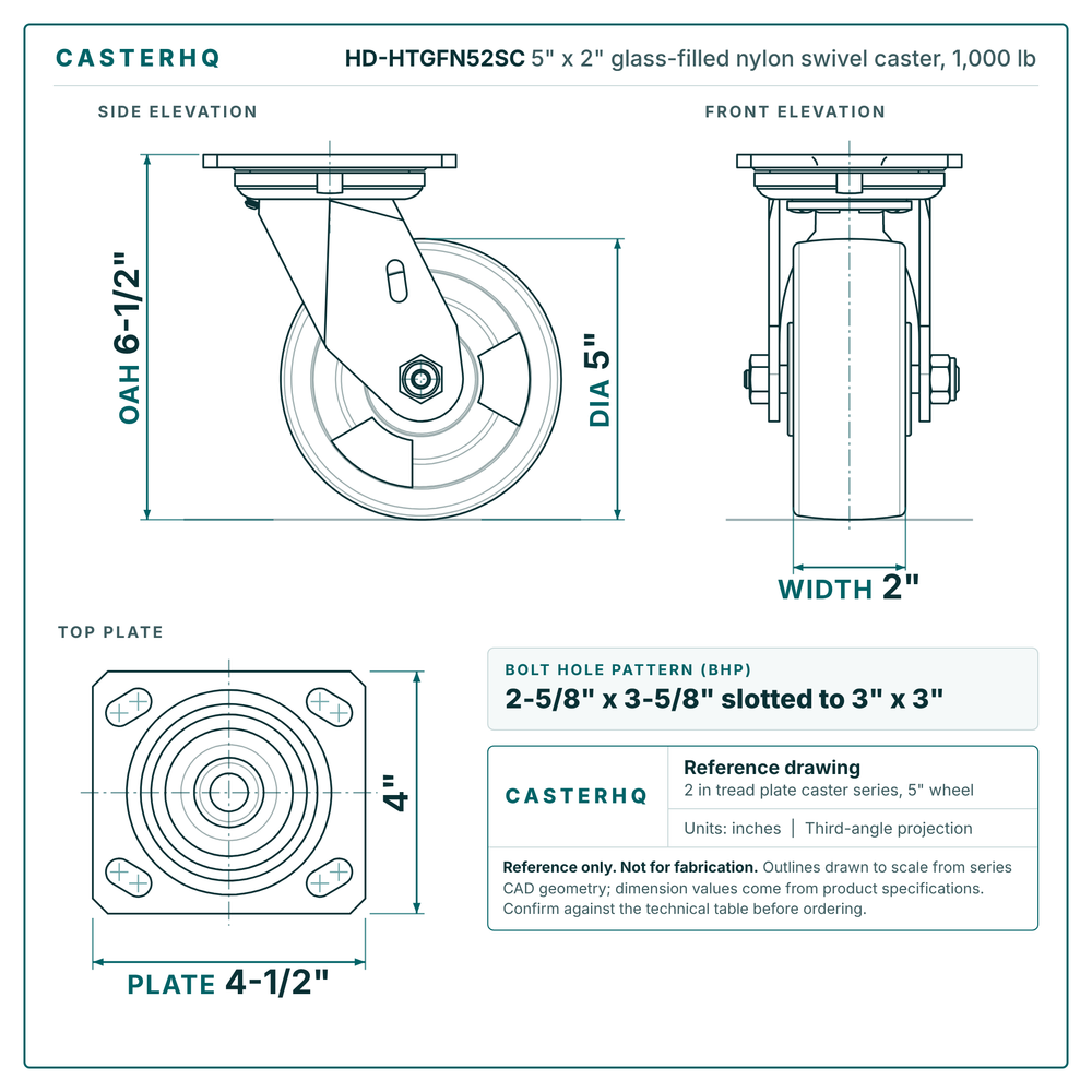 5" x 2" glass-filled nylon swivel caster reference drawing, side, front and top plate views with dimensions
