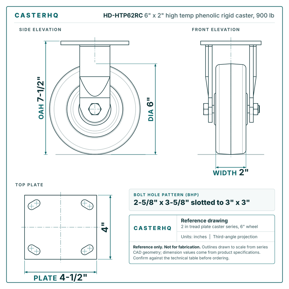 HD-HTP62RC 6 x 2 in high temp phenolic rigid caster reference drawing, side, front and top plate views with dimensions
