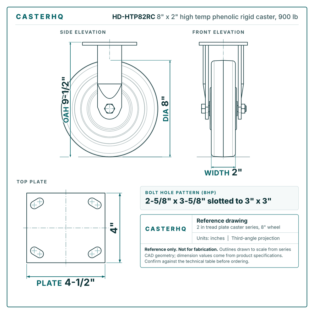 HD-HTP82RC 8 x 2 in high temp phenolic rigid caster reference drawing, side, front and top plate views with dimensions