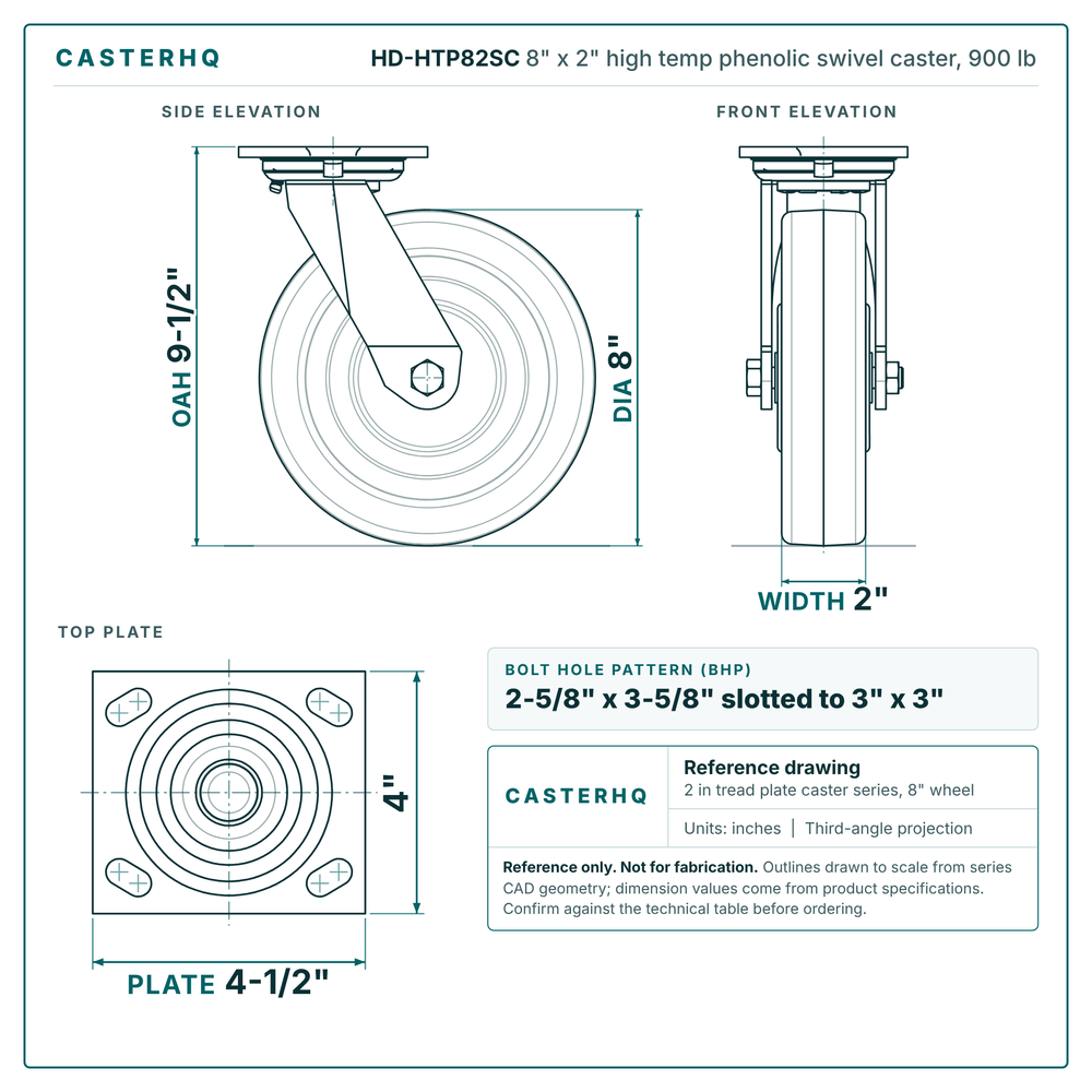 HD-HTP82SC 8 x 2 in high temp phenolic swivel caster reference drawing, side, front and top plate views with dimensions